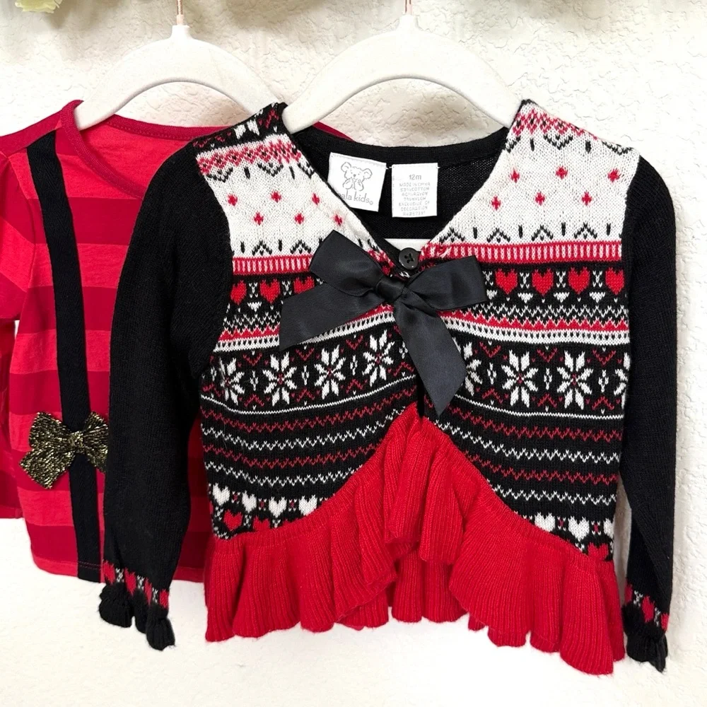 Koala Kids • Girls 2 Pc Fair Isle Sweater Cardigan & Bow Top Holiday Se